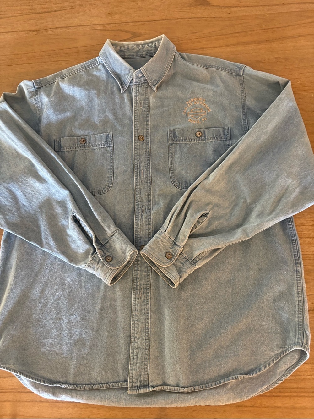 Harley-Davidson Men's Blue Denim Button-Down Shirt Embroidered, Long Sleeve, XL